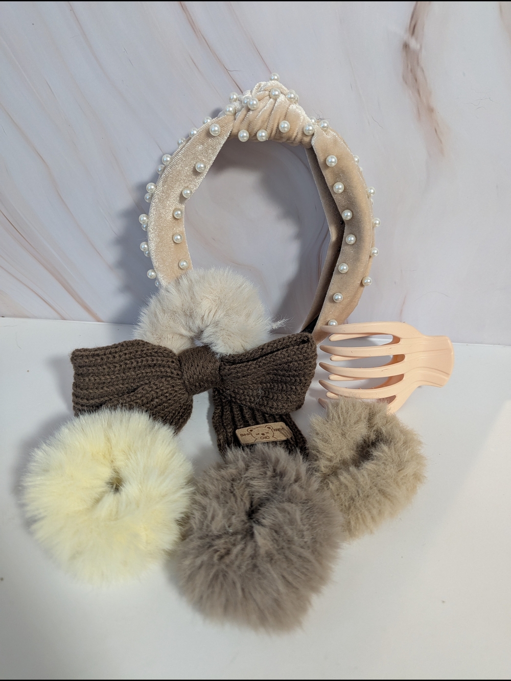 Pearl-Embellished Velvet Headband and Pom Pom Hair Accessory Set - Beige & Brown